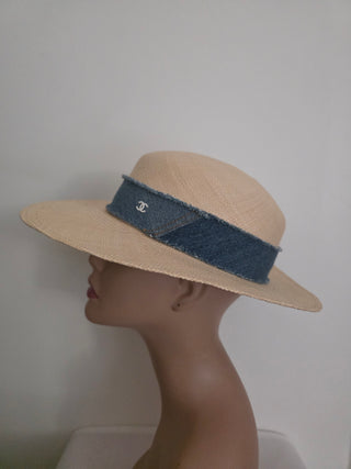 Chanel Beige Interlocking CC Denim Straw Hat S sz