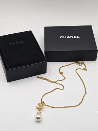 Chanel Gold-tone 2020 Faux Pearl Strass CC Pendant Necklace