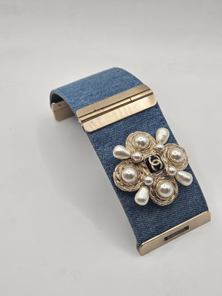 Chanel Faux Pearl Denim Gold-tone Interlocking CC Logo Bracelet