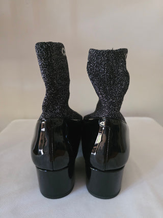 Chanel Black Logo Printed 2017 Patent Leather Sock Boots 40.5 EU
