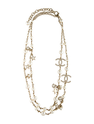 Chanel Gold-tone Faux Pearl Strass Interlocking CC Logo Long Station