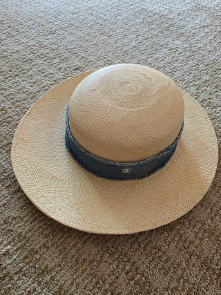 Chanel Beige Interlocking CC Denim Straw Hat S sz