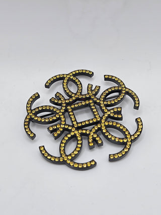 Chanel Black-tone Yellow Strass Interlocking CC Logo Brooch