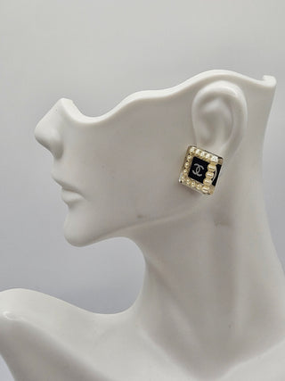 Chanel Faux Pearl Resin Interlocking CC Square Stud Earrings