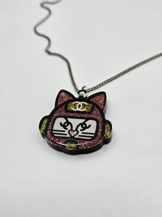 Chanel Gold-tone Black glitter Resin CC Cat Pendant Necklace