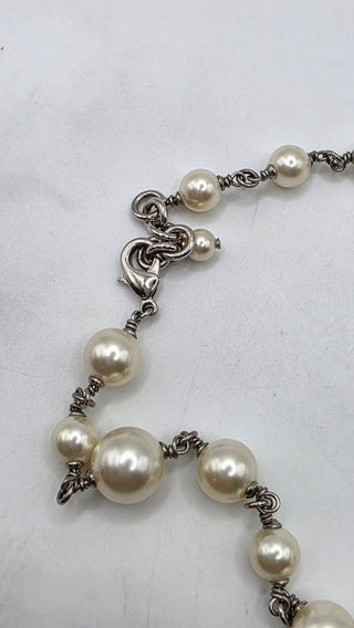 Chanel Faux Pearl Strass Interlocking CC Silver-tone Charm Necklace