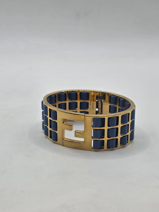 Fendi Blue Leather Gold-tone FF Cuff Bracelet