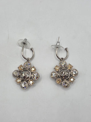 Chanel Silver-tone Strass Interlocking CC Drop Earrings