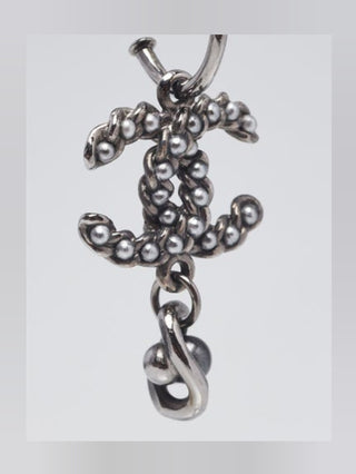 Chanel Silver-tone Ruthenium Metal CC Faux Pearl Drop Earrings
