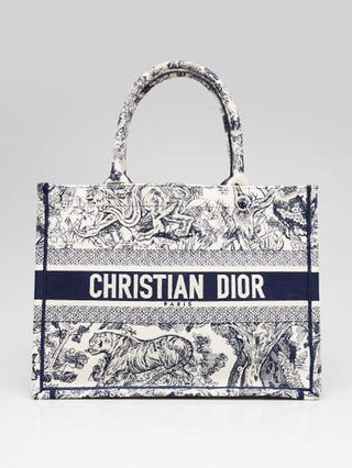 CHRISTIAN DIOR Blue/White Toile De Jouy Embroidered Canvas Medium Book Tote Bag