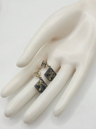Chanel Gold-tone Black Resin Interlocking CC Drop Earrings
