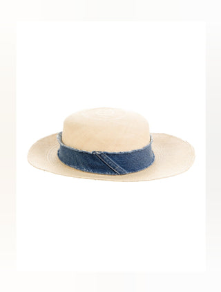 Chanel Beige Interlocking CC Denim Straw Hat S sz