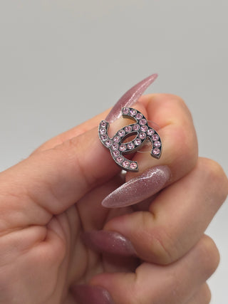 Chanel Silver-tone Pink Strass Interlocking CC Stud Earrings