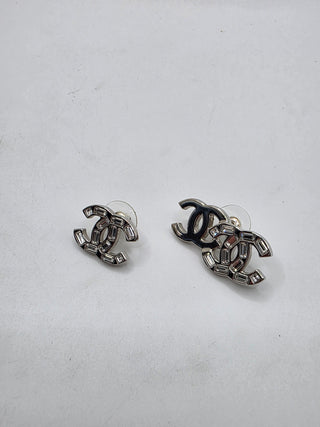 Chanel Silver-tone Strass CC Stud Earrings