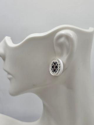 Chanel White Faux Pearl Resin Interlocking CC Stud Earrings