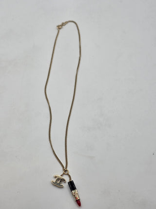 Chanel Gold-tone Crystal Resin Lipstick Interlocking CC Pendant Necklace