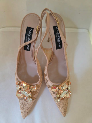 Dolce & Gabbana Beige Lace Pattern Slingback Pumps 40.5