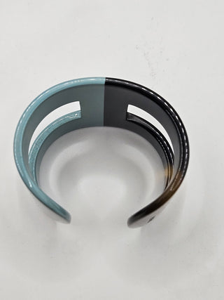 Hermès Blue Brown Horn Resin Ano Wide Cuff Bracelet