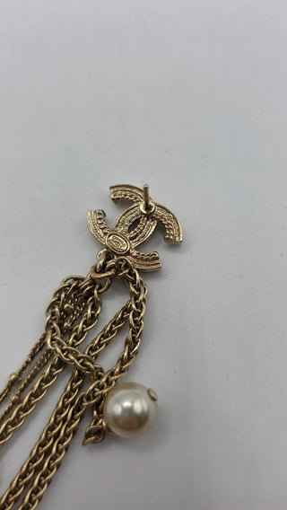 Chanel Gold-tone Faux Pearl Interlocking Drop Earrings