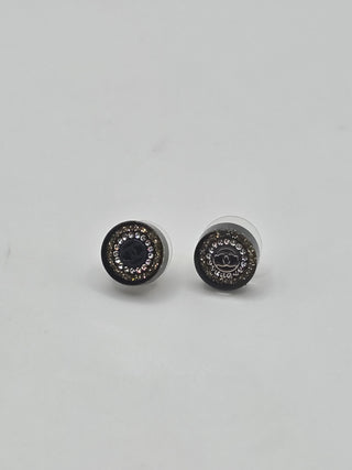 Chanel Black Gold-tone Strass Resin CC Stud Earrings