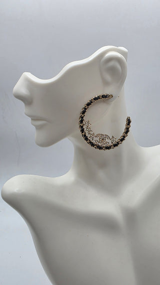 Chanel Gold-tone 2023 Strass Leather Interlocking CC Hoop Earrings