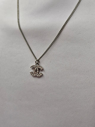 Chanel Silver-tone Strass Interlocking CC Pendant Necklace