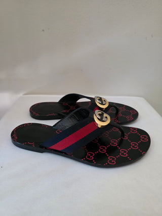 Gucci Blue Red Black Vintage Web Interlocking GG Thong Sandals 36.5 sz