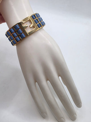 Fendi Blue Leather Gold-tone FF Cuff Bracelet