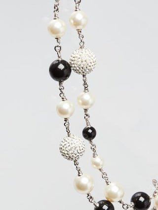 Chanel Black White Glass Bead and Crystal Interlocking CC Long Necklace