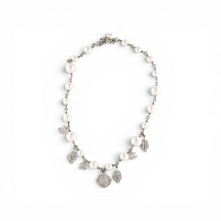 Chanel Faux Pearl Strass Interlocking CC Silver-tone Charm Necklace
