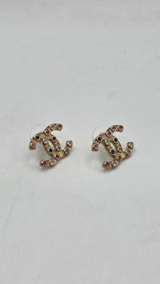 Chanel Gold-tone Pink Strass Interlocking CC Stud Earrings