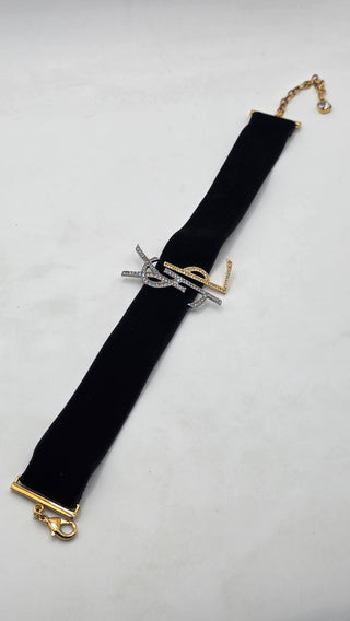 Yves Saint Laurent Black Velvet Crystal Two Tone YSL Metal Logo Choker Necklace
