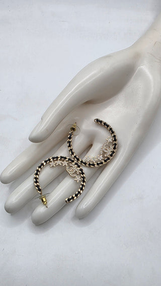 Chanel Gold-tone 2023 Strass Leather Interlocking CC Hoop Earrings
