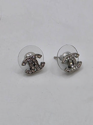Chanel Silver-tone Strass Interlocking CC Stud Earrings