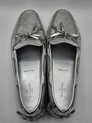 Louis Vuitton Metallic Silver Leather LV Monogram Loafers 38.5 EU