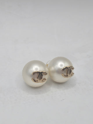 Chanel Golf-tone White Faux Pearl CC Stud Earrings