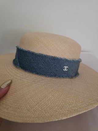 Chanel Beige Interlocking CC Denim Straw Hat S sz