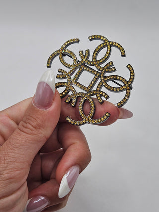 Chanel Black-tone Yellow Strass Interlocking CC Logo Brooch