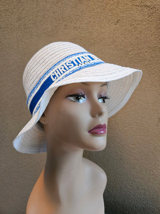 White woven blue white logo printed bucket hat M sz