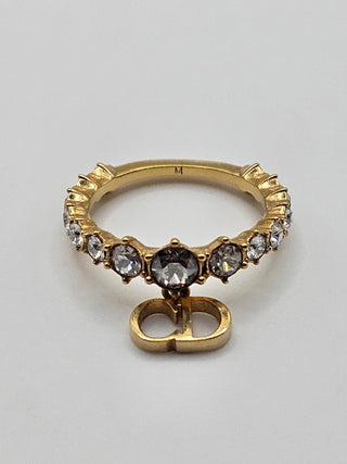 Authentic Christian Dior Gold-tone Crystal CD Charm Cocktail Ring Size: 6