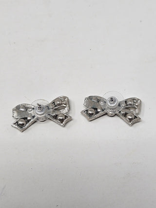 Chanel Silver tone Interlocking CC Logo crystal bow stud earrings