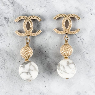 Chanel Gold-tone White Stone inside CC Drop Earrings