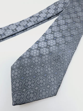 CHANEL Metallic Grey Camellia CC logo Silk Tie