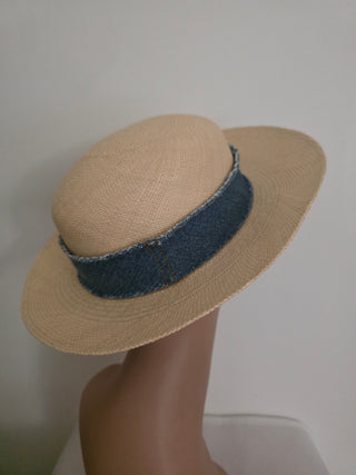 Chanel Beige Interlocking CC Denim Straw Hat S sz