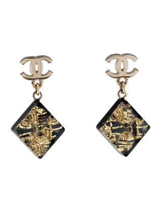 Chanel Gold-tone Black Glitter Resin Interlocking CC Drop Earrings