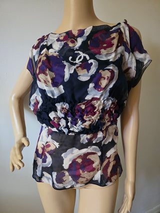 Chanel purple multicolor Interlocking CC Logo Silk blouse US 6