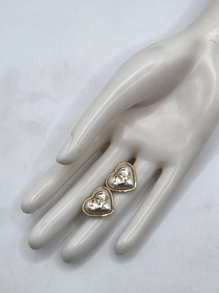 Chanel Gold-tone Faux Pearl Interlocking CC Heart Stud Earrings