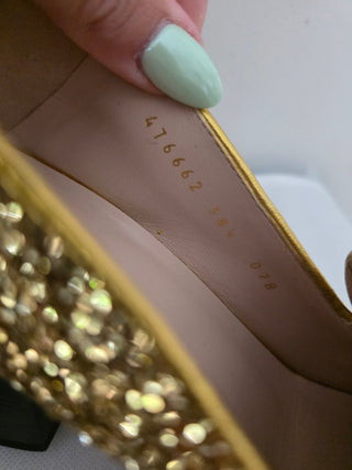 Gucci Gold Glitter Leather Peyton Marmont Mid-Heel Loafers 38.5 sz