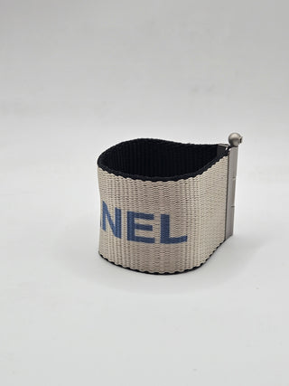 Chanel Grey Nylon 'CHANEL' Logo Print Wide Wrap Bracelet