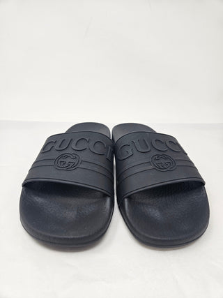 Gucci Black rubber signature logo printed sandals, 40 EU